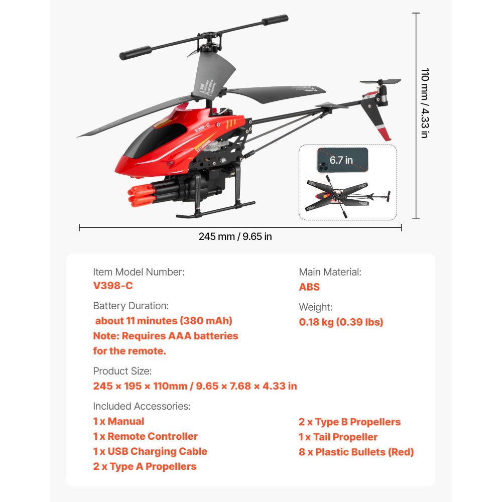VEVOR RC Helicopter, 2.4GHz Flying Remote Control Helicopter with Shooting Mode, 3.5 Channel RC Airplane for Kid, Altitude Hold, One-Key Takeoff/Landing & LED Lights, Toys for Kids Ages 14 and up