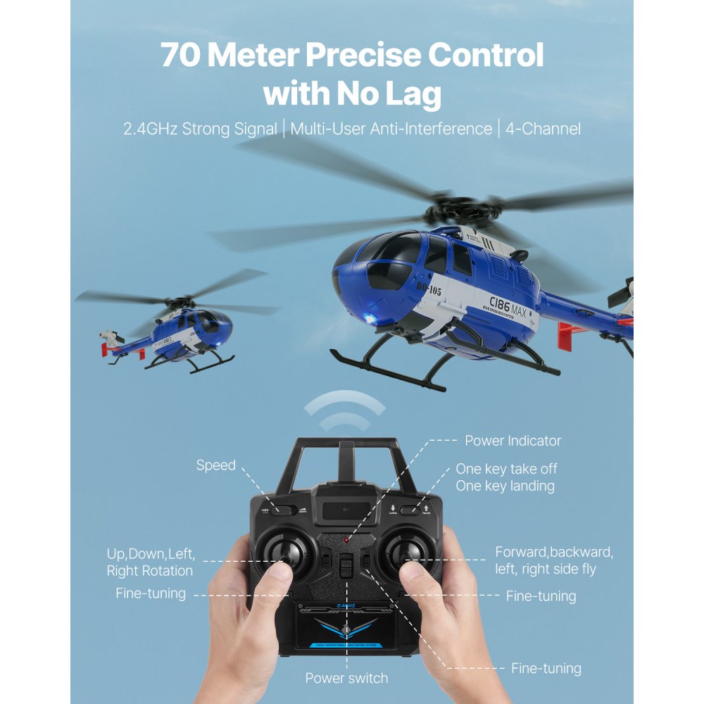 VEVOR RC Helicopter, 2.4GHz 4-Propeller Remote Control Helicopter with 6-Axis Gyro, 4-Channel RC Airplane for Beginner, LED Light & One-Key Takeoff/Landing, Plane Toys for Kids Ages 8 and up