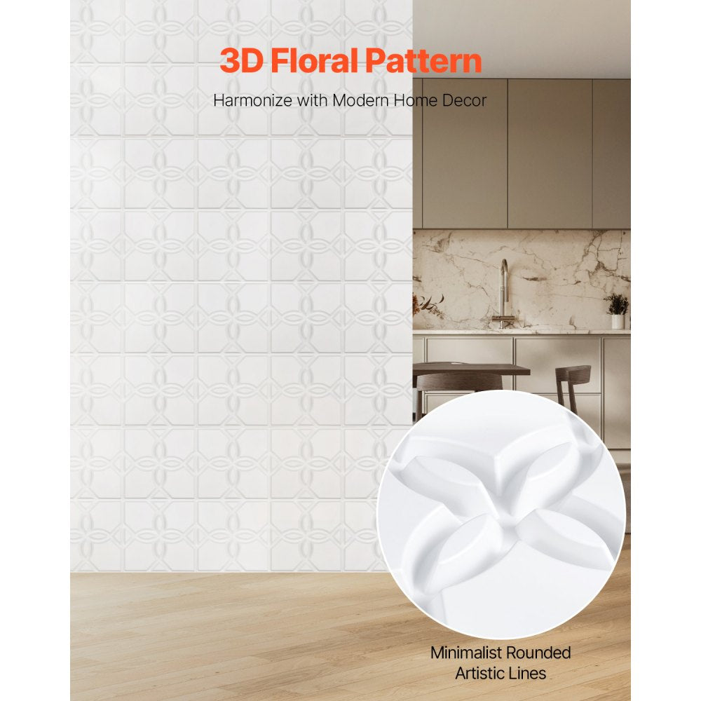 VEVOR 3D Wall Panels, 33-Pack 11.81 x 11.81 in PVC Modern Art Minimalist Floral Tiles, 32 Sq.Ft Coverage Accent Wall Panel, Interior Home Decor for Ceiling, Bedroom, Living & Gaming Room, Matte White