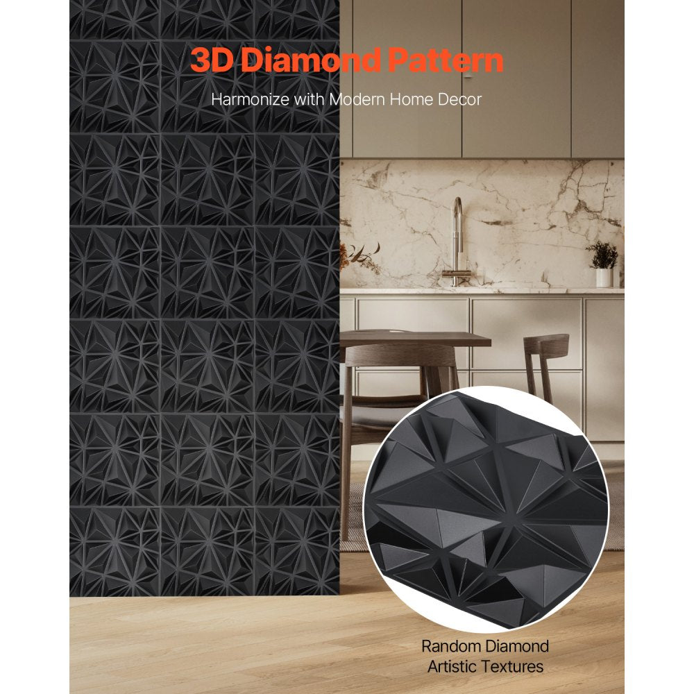 VEVOR 3D Wall Panels, 33-Pack 11.81 x 11.81 in PVC Modern Art Minimalist Diamond Tiles, 32 Sq.Ft Coverage Accent Wall Panel, Interior Home Decor for Ceiling, Bedroom, Living & Gaming Room, Matte Black