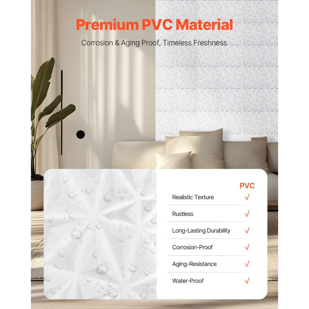 VEVOR 3D Wall Panels, 33-Pack 11.81 x 11.81 in PVC Modern Art Minimalist Diamond Tiles, 32 Sq.Ft Coverage Accent Wall Panel, Interior Home Decor for Ceiling, Bedroom, Living & Gaming Room, Matte White