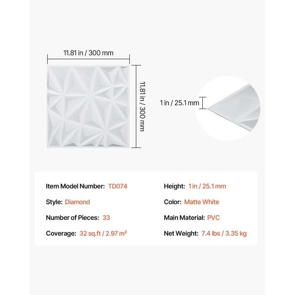 VEVOR 3D Wall Panels, 33-Pack 11.81 x 11.81 in PVC Modern Art Minimalist Diamond Tiles, 32 Sq.Ft Coverage Accent Wall Panel, Interior Home Decor for Ceiling, Bedroom, Living & Gaming Room, Matte White