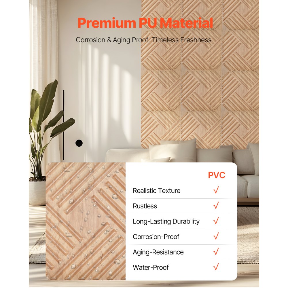 VEVOR 3D Wall Panels, 12-Pack 19.7 x 19.7 in PVC Modern Art Minimalist Salt Tiles, 32 Sq.Ft Coverage Accent Wall Panel, Interior Home Decor for Ceiling, Bedroom, Living & Gaming Room, Light Wood Color