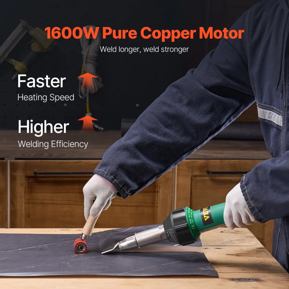 VEVOR Hot Air Plastic Welder, 1600W Hot Air Torch Pistol, 122-1112℉ PVC TPO Vinyl Heat Gun Welding Torch, Plastic Welding Roofing Kit with 2 Nozzles, Silicone & Copper Seam Roller for PP/PE/PVC Sheet