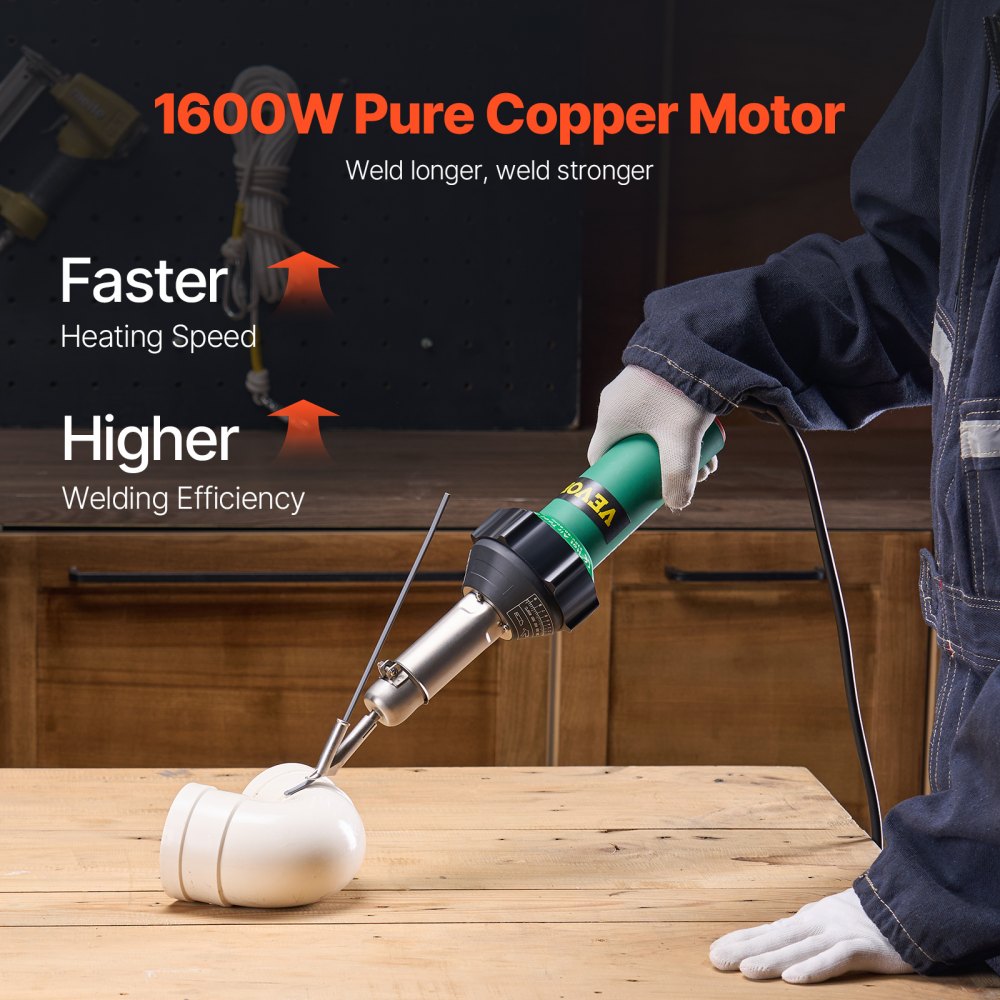 VEVOR Hot Air Plastic Welder, 1600W Hot Air Torch Pistol, 122-1112℉ PVC TPO Vinyl Heat Gun Welding Torch, Plastic Roofing Welding Kit with 11 Accessories- Toolbox, Nozzle, Roller, Blades for PP/PE/PVC