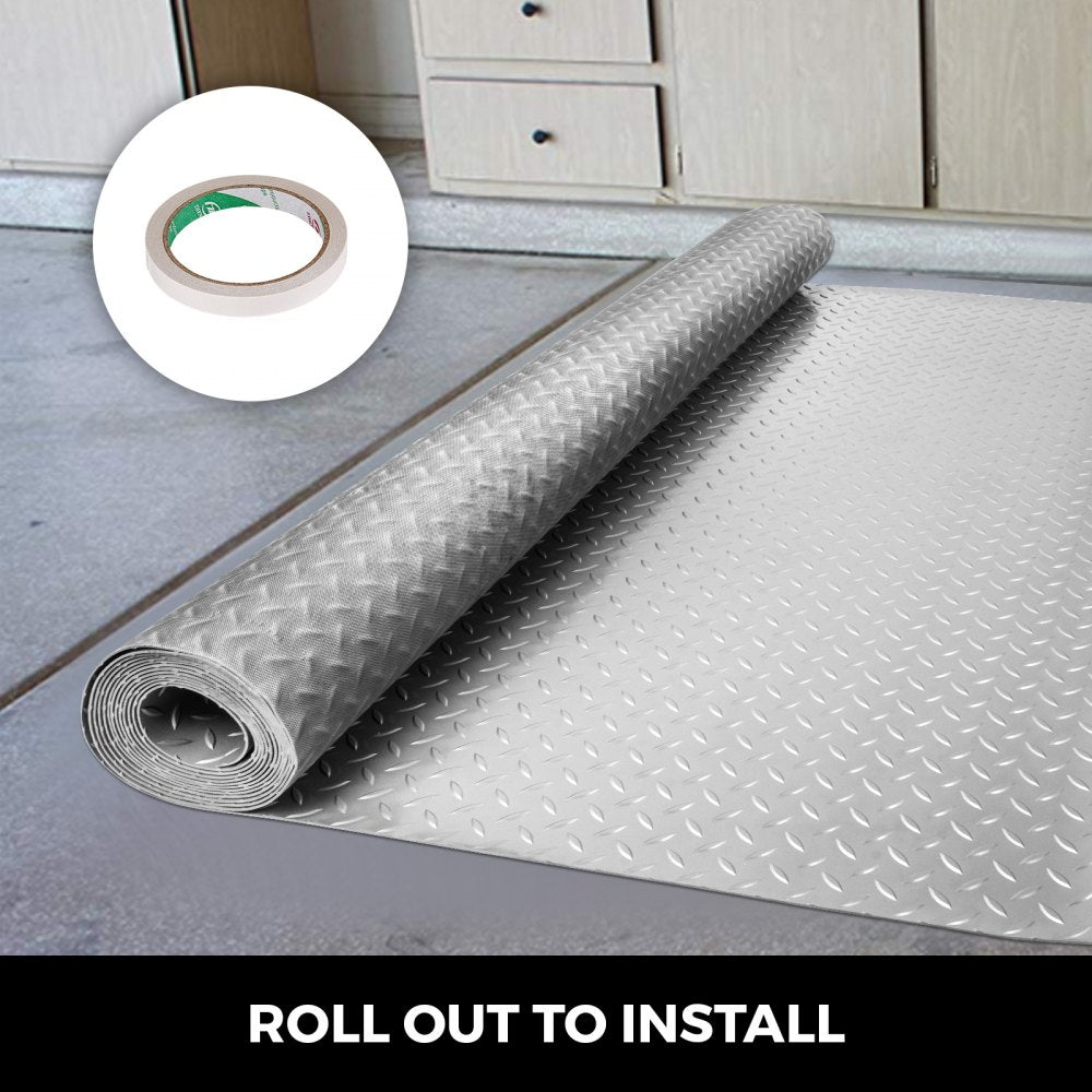 VEVOR Garage Floor Mat, 303.15 x 43.31 inch PVC Garage Flooring Roll, Non-slip Diamond Texture, 91.17 sq.ft Covering Space, Garage Mats for Under Cars, for Gyms Boats Car Trailer, Silver