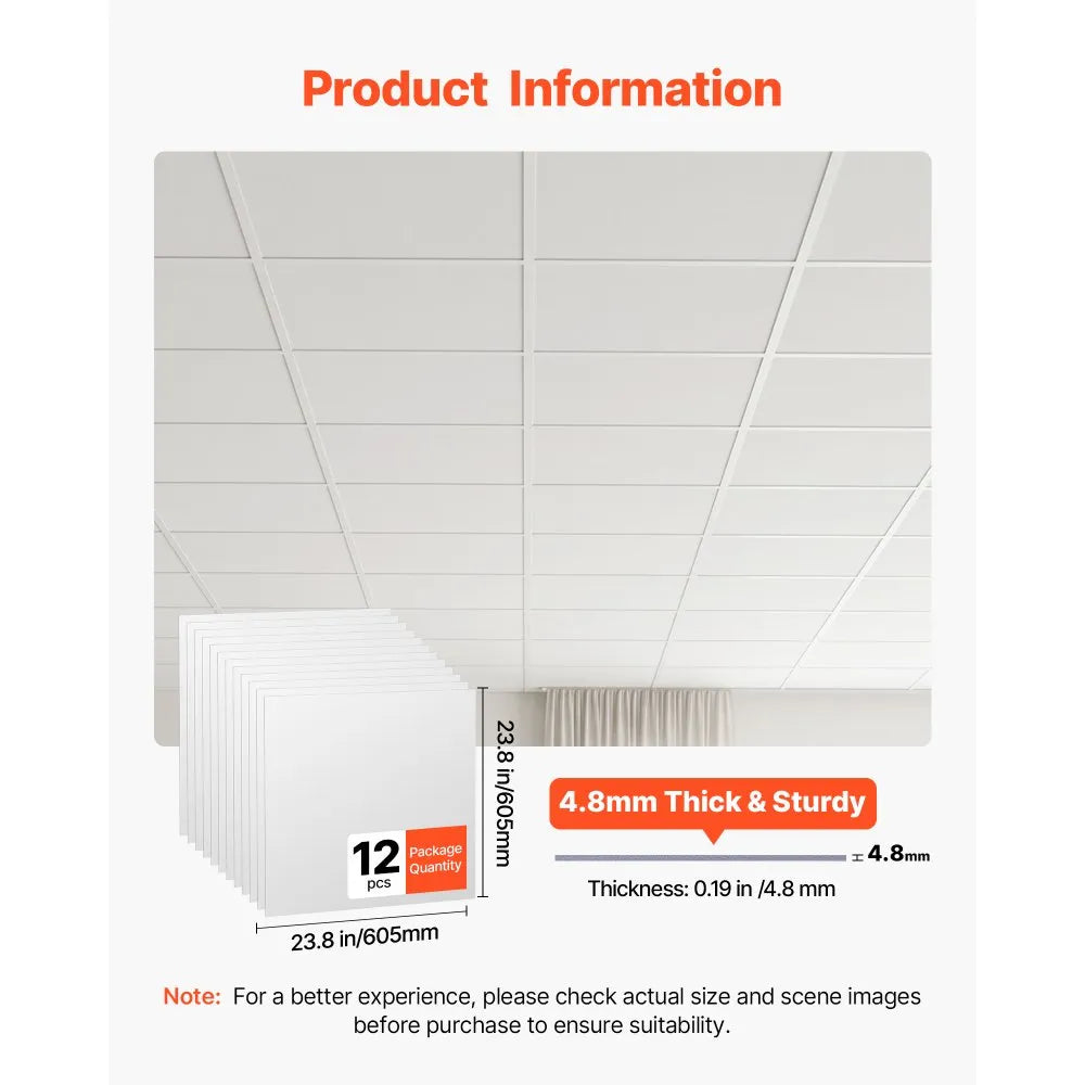 VEVOR 24 x 24 in PVC Ceiling Tiles 12-Pack Drop Ceiling Panels White, PVC Foam Board, Grid Fit, Water-Resistant, Flexible Cut, Easy to Clean, Modern Decorative for Home,Office,Kitchen,Living Room
