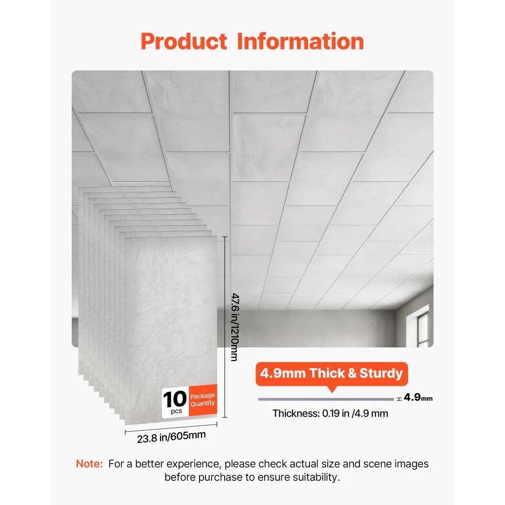 VEVOR 24 x 48 in PVC Ceiling Tiles 10-Pack Drop Ceiling Panels White Marble, PVC Foam Board, Grid Fit, Water-Resistant, Flexible Cut, Easy to Clean, Modern Decorative Finish for Home, Office Areas