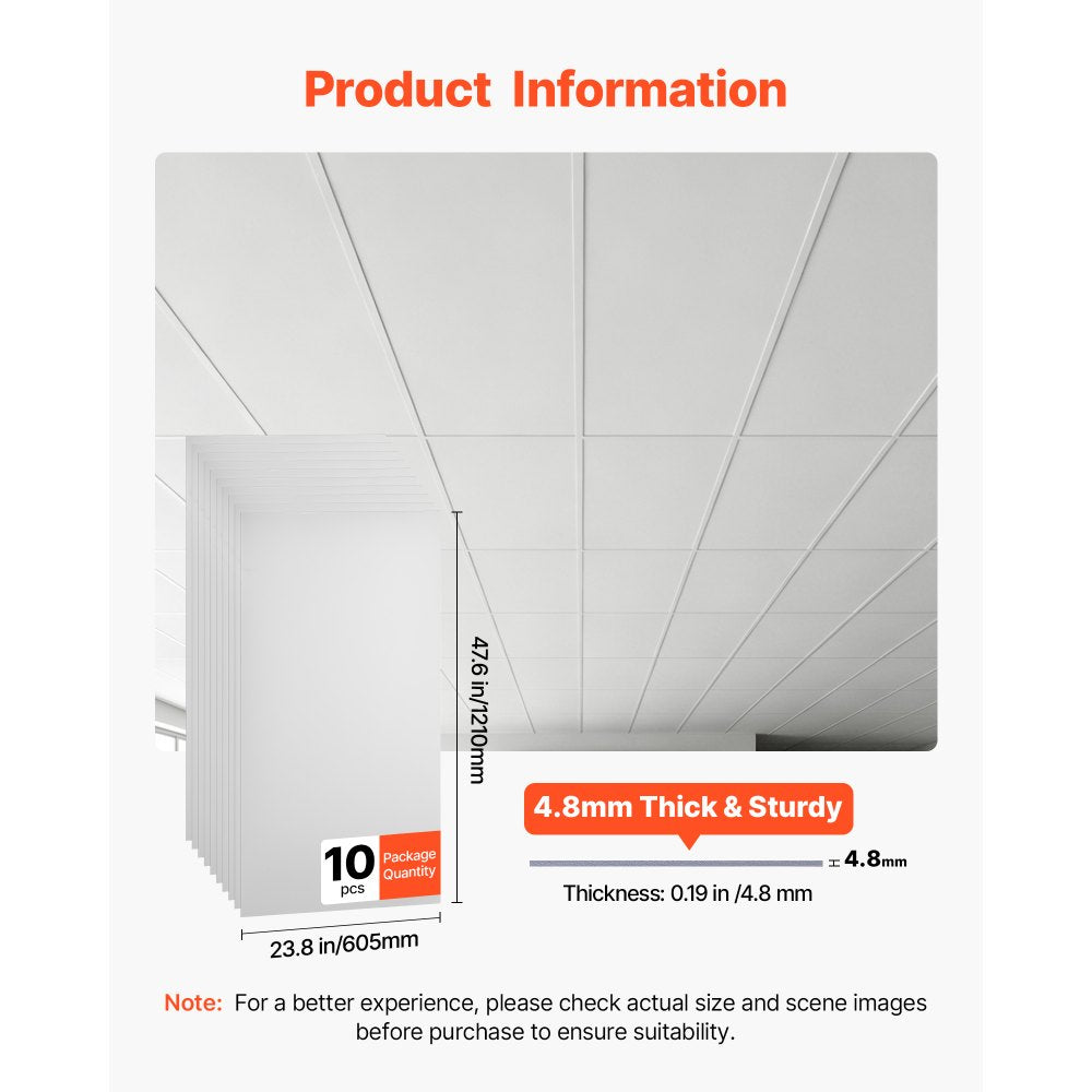 VEVOR 24 x 48 in PVC Ceiling Tiles 10-Pack Drop Ceiling Panels White, PVC Foam Board, Grid Fit, Water-Resistant, Flexible Cut, Easy to Clean, Modern Decorative for Home,Office,Kitchen,Living Room