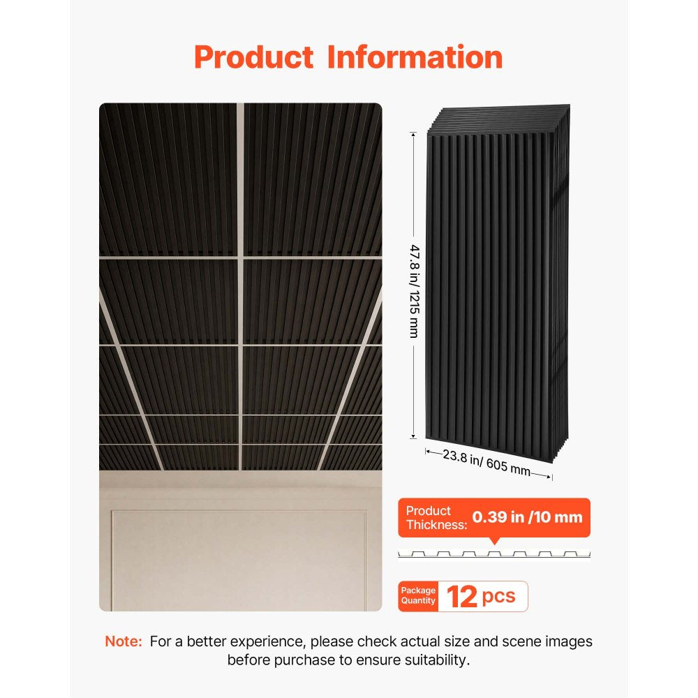 VEVOR 24 x 48 in PVC Ceiling Tiles 12-Pack 3D Black Linear Slat Panels, Smooth PVC Sheet for Drop Grid, Impact-Resistant, Paintable Surface, Easy Cut, Modern Decorative Style for Home, Office