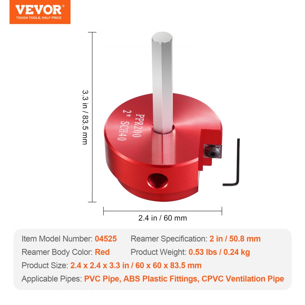 VEVOR 2 In PVC Pipe Reamer, Aluminum Alloy, PVC Pipe Fitting Saver, for Use with SCH 40 ABS, PVC, CPVC Pipes, Clean Leftover Pipe & Solvent Cement Remnants, for Water Lines, Drain Lines, Vent Lines