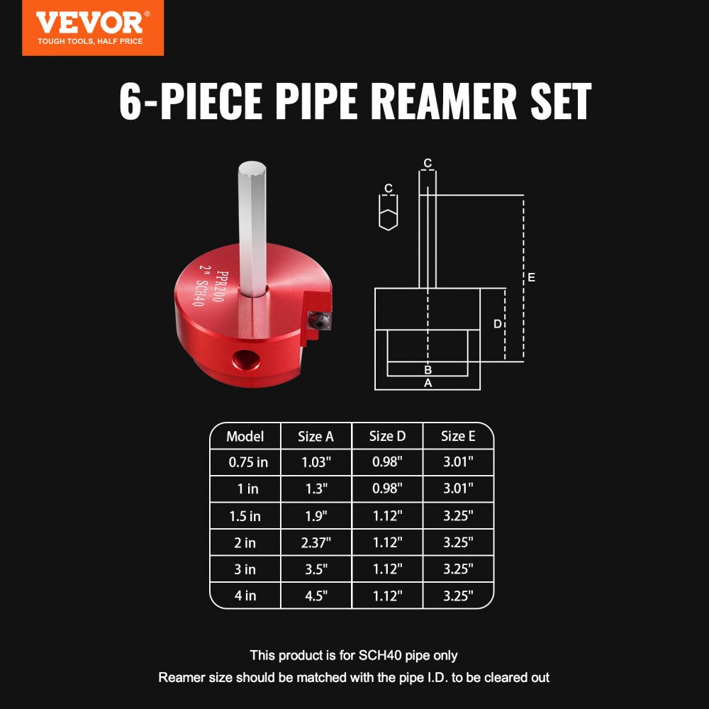 VEVOR 6Pcs PVC Pipe Reamer Kit, Plastic Pipe Fitting Socket Saver Kit, Includes 3/4", 1", 1-1/2", 2", 3", 4'', for PVC, CPVC, ABS Fittings, with Tool Box, for Exhaust, Drain, Water Pipes Cleaning