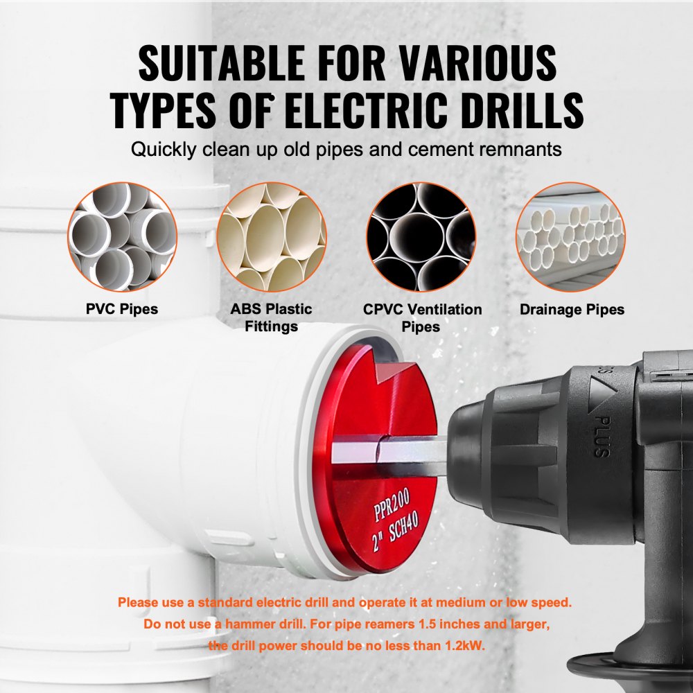 VEVOR 7Pcs PVC Pipe Reamer Kit, Plastic Pipe Fitting Socket Saver Kit, Includes 3/4", 1", 1-1/4'', 1-1/2", 2", 3", 5'', for PVC, CPVC, and ABS Fittings, for Exhaust, Drain, Water Pipes Cleaning