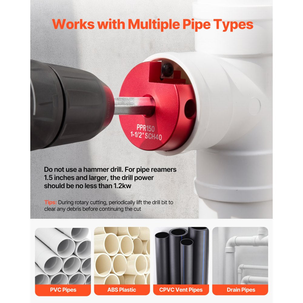 VEVOR PVC Pipe Reamer Kit, 9-Piece, PVC Fitting Socket Saver, Includes 1/2", 3/4", 1", 1-1/4", 1-1/2", 2", 2-1/2", 3", 4", Fits Standard 1/2" Drills, Plumbing Tool Kit for SCH40 ABS CPVC Drain Pipes