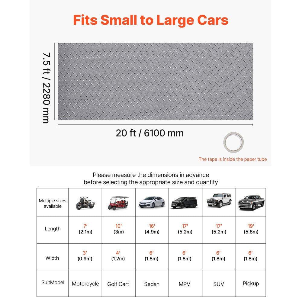 VEVOR Garage Floor Roll, 7.5 x 20 ft Garage Flooring Mat, 2.2 mm Thickened PVC Diamond Plate Floor Protector Mat with Double-sided Tape, Non-Slip, Easy to Clean for Warehouse, Gyms,Silver Gray