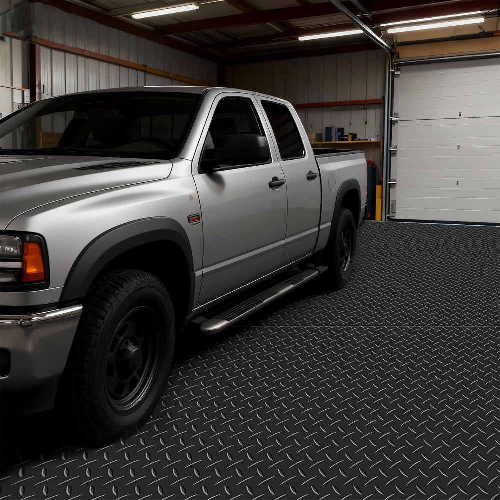 VEVOR Garage Floor Roll, 4 x 7 ft Garage Flooring Mat, 2.2 mm Thickened PVC Diamond Plate Floor Protector Mat with Double-sided Tape, Non-Slip, Easy to Clean for Warehouse, Gyms, Trailer, Black