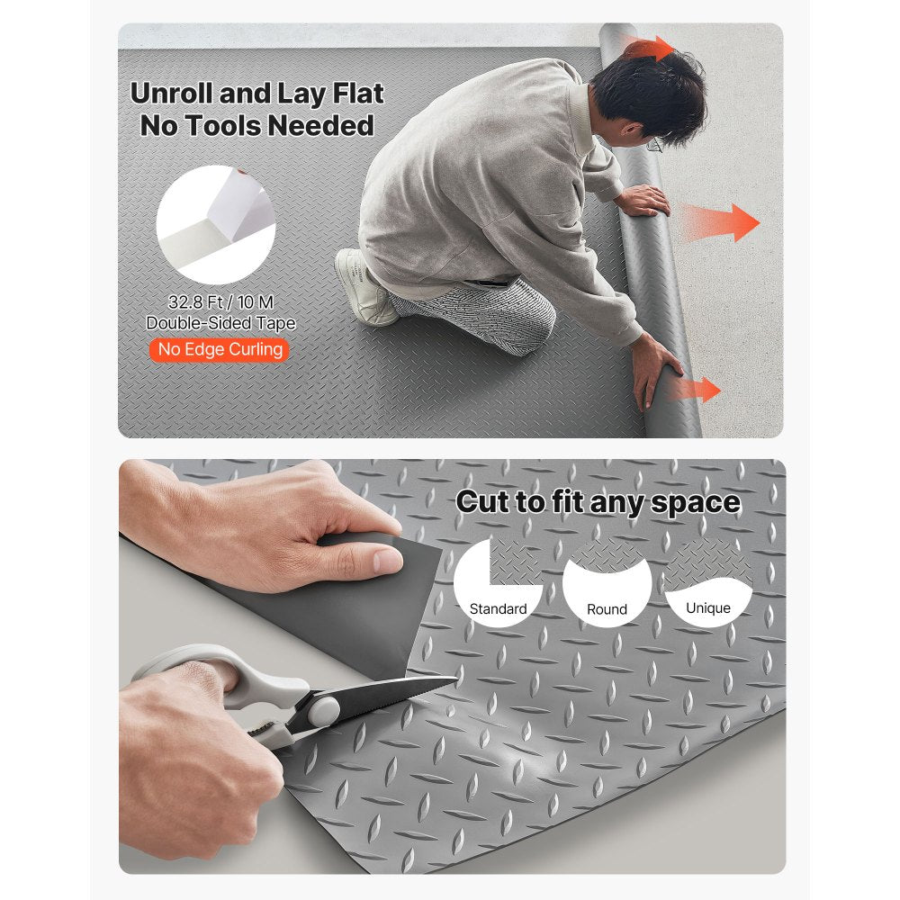 VEVOR Garage Floor Roll, 7.5 x 17 ft Garage Flooring Mat, 2.2 mm Thickened PVC Diamond Plate Floor Protector Mat with Double-sided Tape, Non-Slip, Easy to Clean for Warehouse, Gyms,Silver Gray