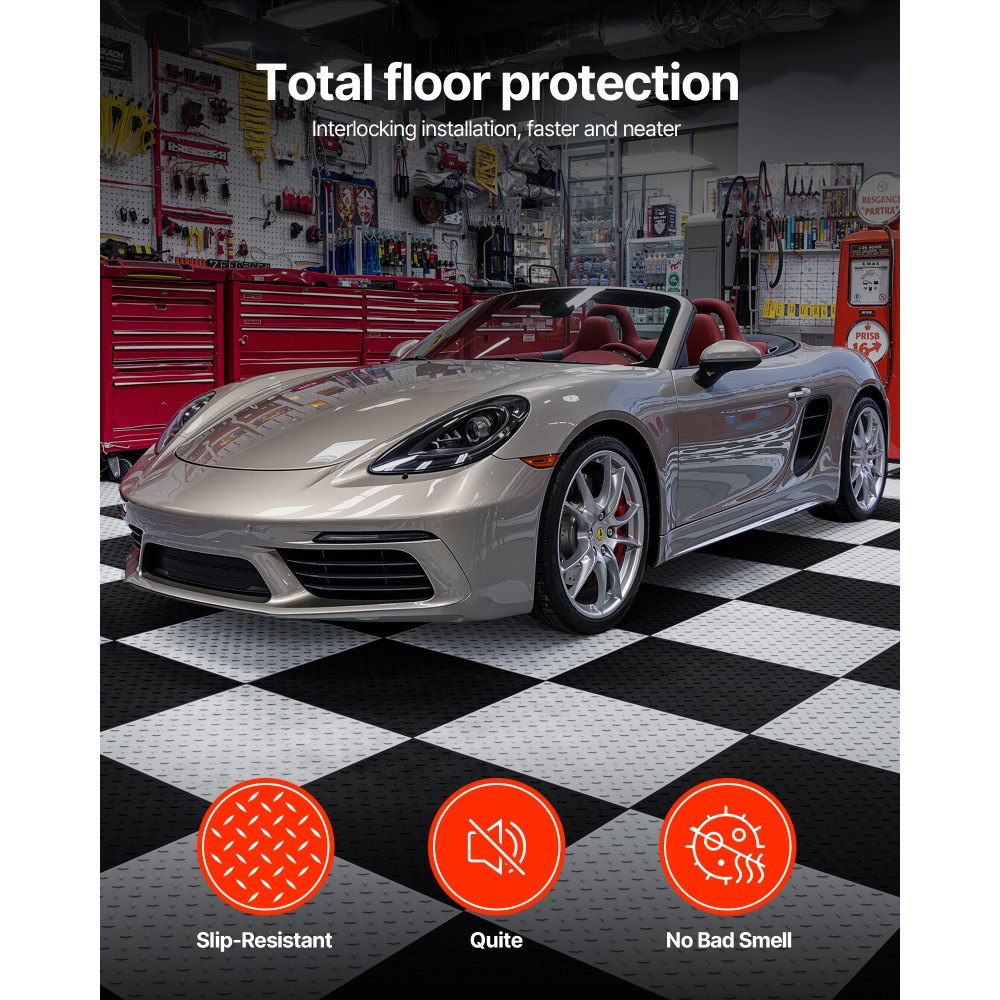 VEVOR Garage Floor Tiles Interlocking, 16 Pack 20.2 x 20.2 x 0.2 in Interlocking Modular Garage Flooring Tiles, Diamond Plate Slip-Resistant PVC Mats for Workshop,Warehouse,Tool Room, Light Gray