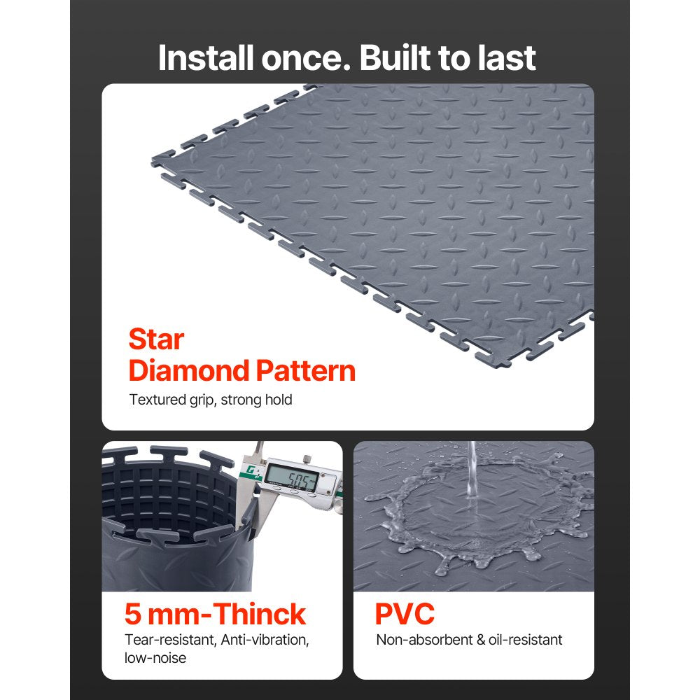 VEVOR Garage Floor Tiles Interlocking, 16 Pack 20.2 x 20.2 x 0.2 in Interlocking Modular Garage Flooring Tiles, Diamond Plate Slip-Resistant PVC Mats for Workshop,Warehouse,Tool Room, Graphite Gray