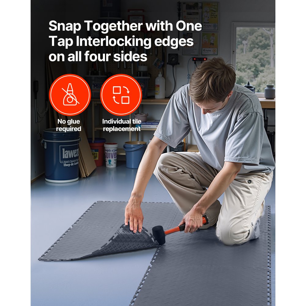 VEVOR Garage Floor Tiles Interlocking, 16 Pack 20.2 x 20.2 x 0.2 in Interlocking Modular Garage Flooring Tiles, Diamond Plate Slip-Resistant PVC Mats for Workshop,Warehouse,Tool Room, Graphite Gray