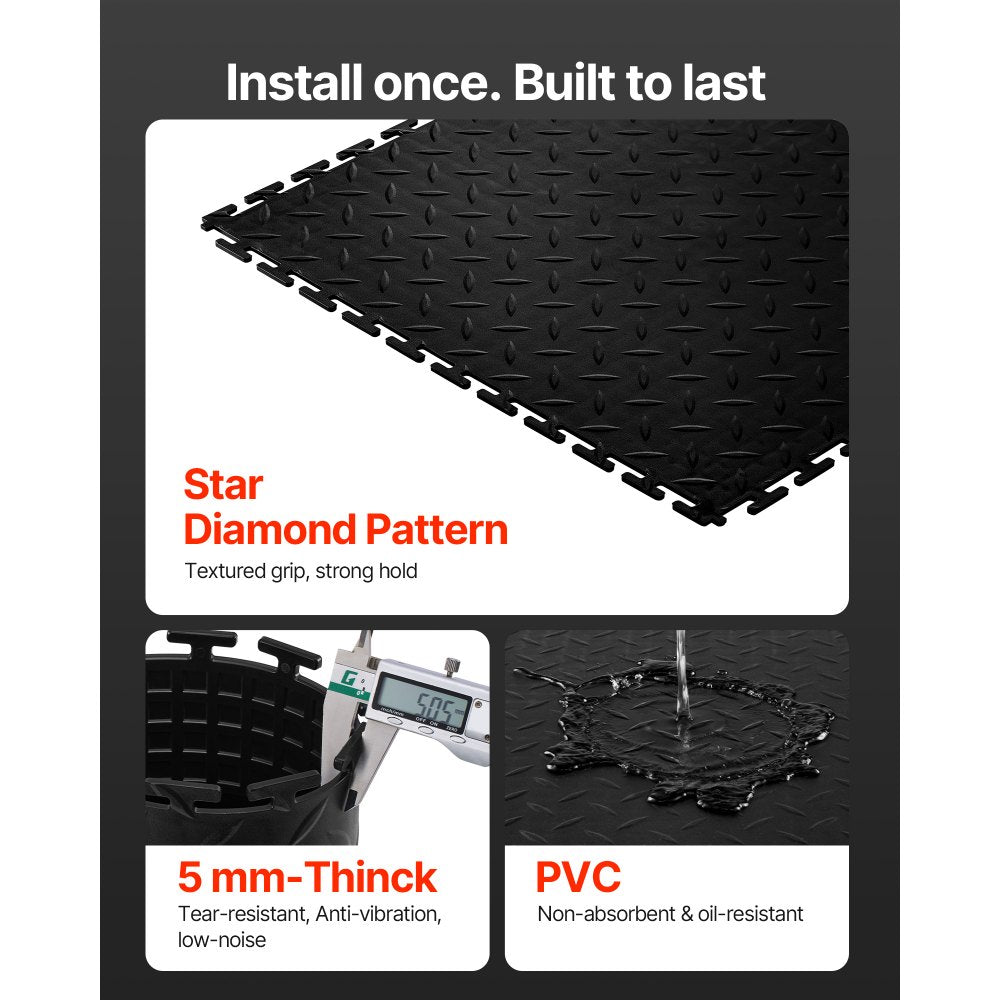 VEVOR Garage Floor Tiles Interlocking, 8 Pack 20.2 x 20.2 x 0.2 in Interlocking Modular Garage Flooring Tiles, Diamond Plate Slip-Resistant PVC Mats for Workshop,Warehouse,Tool Room, Black
