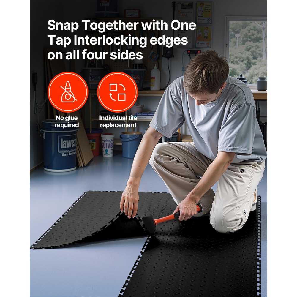 VEVOR Garage Floor Tiles Interlocking, 8 Pack 20.2 x 20.2 x 0.2 in Interlocking Modular Garage Flooring Tiles, Diamond Plate Slip-Resistant PVC Mats for Workshop,Warehouse,Tool Room, Black