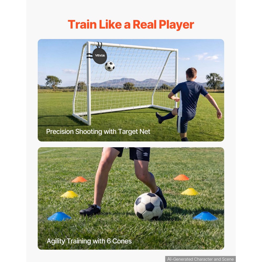 VEVOR Soccer Goal 10 x 6.5 FT PVC Soccer Goal for Backyard with PE Net, Portable & Weatherproof Set, with High-Strength PE Net, Target, Cones, for Kids & Adults Outdoor Backyard Practice Training