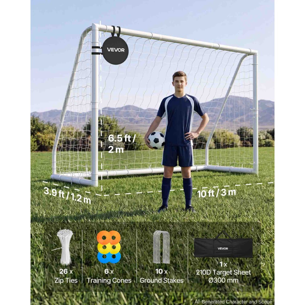 VEVOR Soccer Goal 10 x 6.5 FT PVC Soccer Goal for Backyard with PE Net, Portable & Weatherproof Set, with High-Strength PE Net, Target, Cones, for Kids & Adults Outdoor Backyard Practice Training