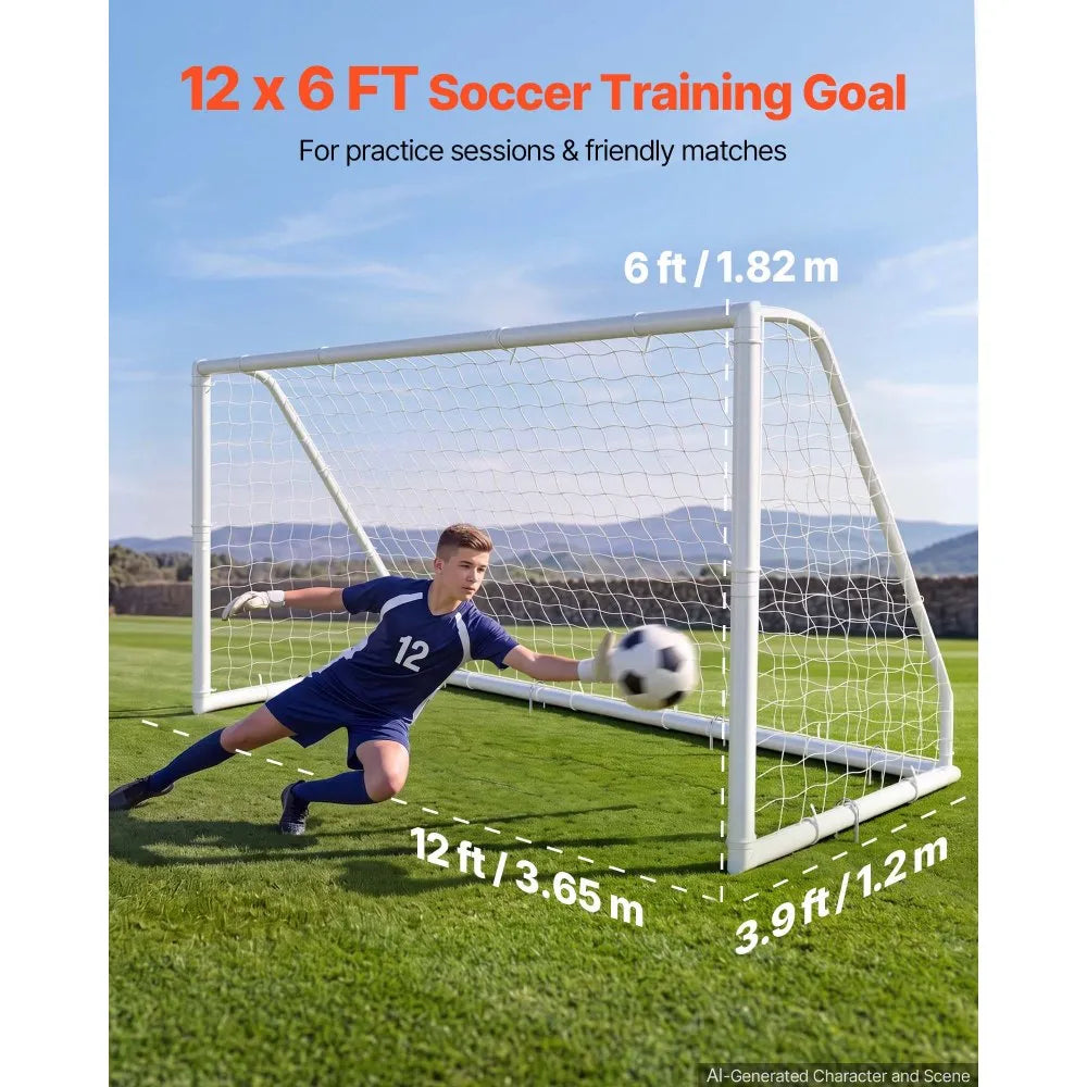 VEVOR Soccer Goal 12 x 6 FT PVC Soccer Goal for Backyard with PE Net, Portable & Weatherproof, with High-Strength Net, Target, Ground Stake, Cones, for Kids & Adults Outdoor Backyard Practice Training