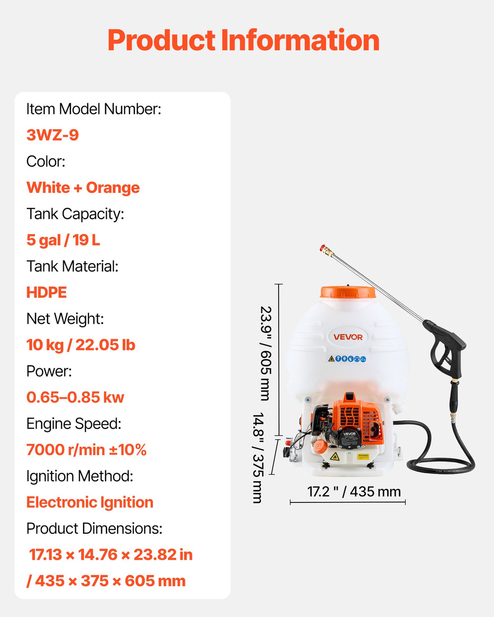 VEVOR Gas Powered Backpack Sprayer - product information and dimensions graphic