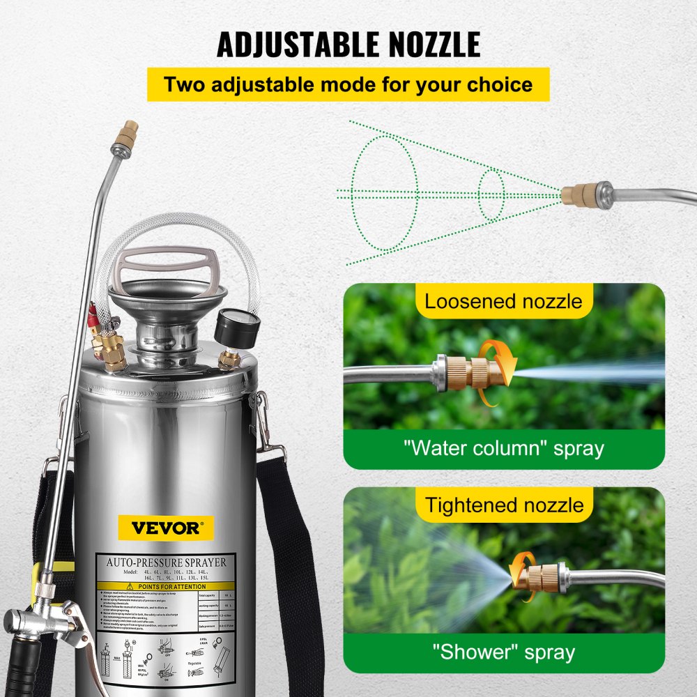 3 Gallon Stainless Steel Sprayer, 20" Wand & 3FT Reinforced Hose, Hand Pump Sprayer with Pressure Gauge, Safety Valve & Adjustable Nozzle, Garden Weed Sprayer for Lawn, Gardening & Sanitizing