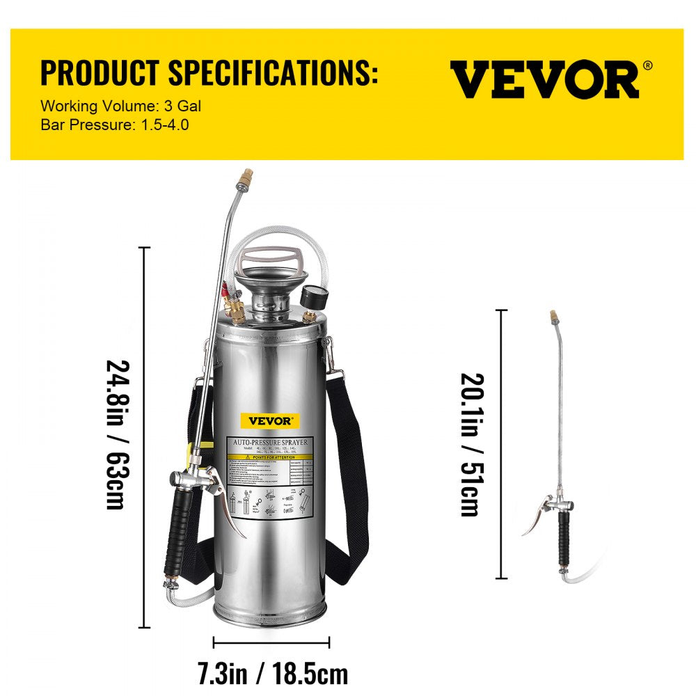 3 Gallon Stainless Steel Sprayer, 20" Wand & 3FT Reinforced Hose, Hand Pump Sprayer with Pressure Gauge, Safety Valve & Adjustable Nozzle, Garden Weed Sprayer for Lawn, Gardening & Sanitizing