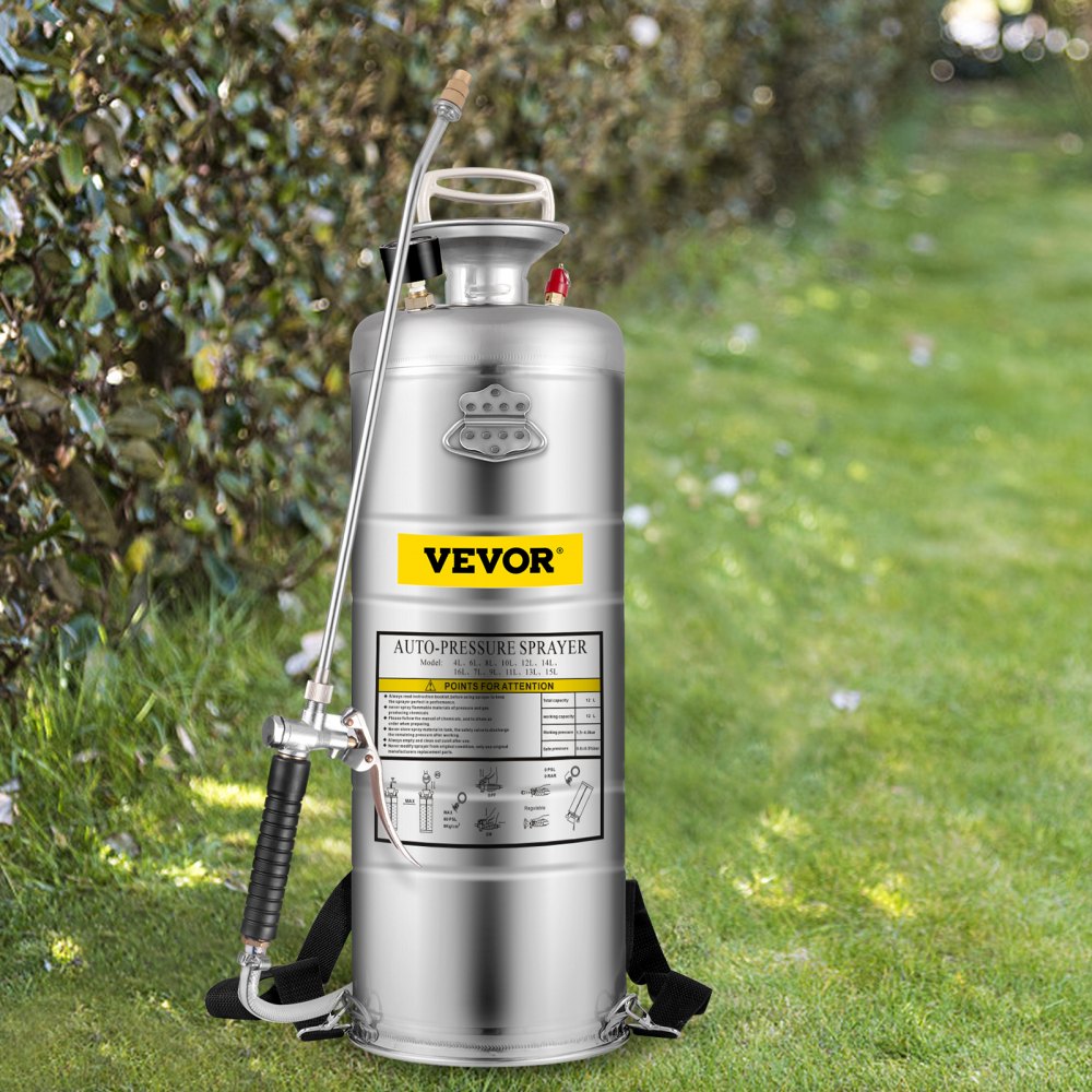 VEVOR 3.5Gal Stainless Steel Sprayer,l Set with 20\" Wand& Handle& 3FT Reinforced Hose, Hand Pump Sprayer with Pressure Gauge&Safety Valve, Adjustable Nozzle Suitable for Gardening& Sanitizing
