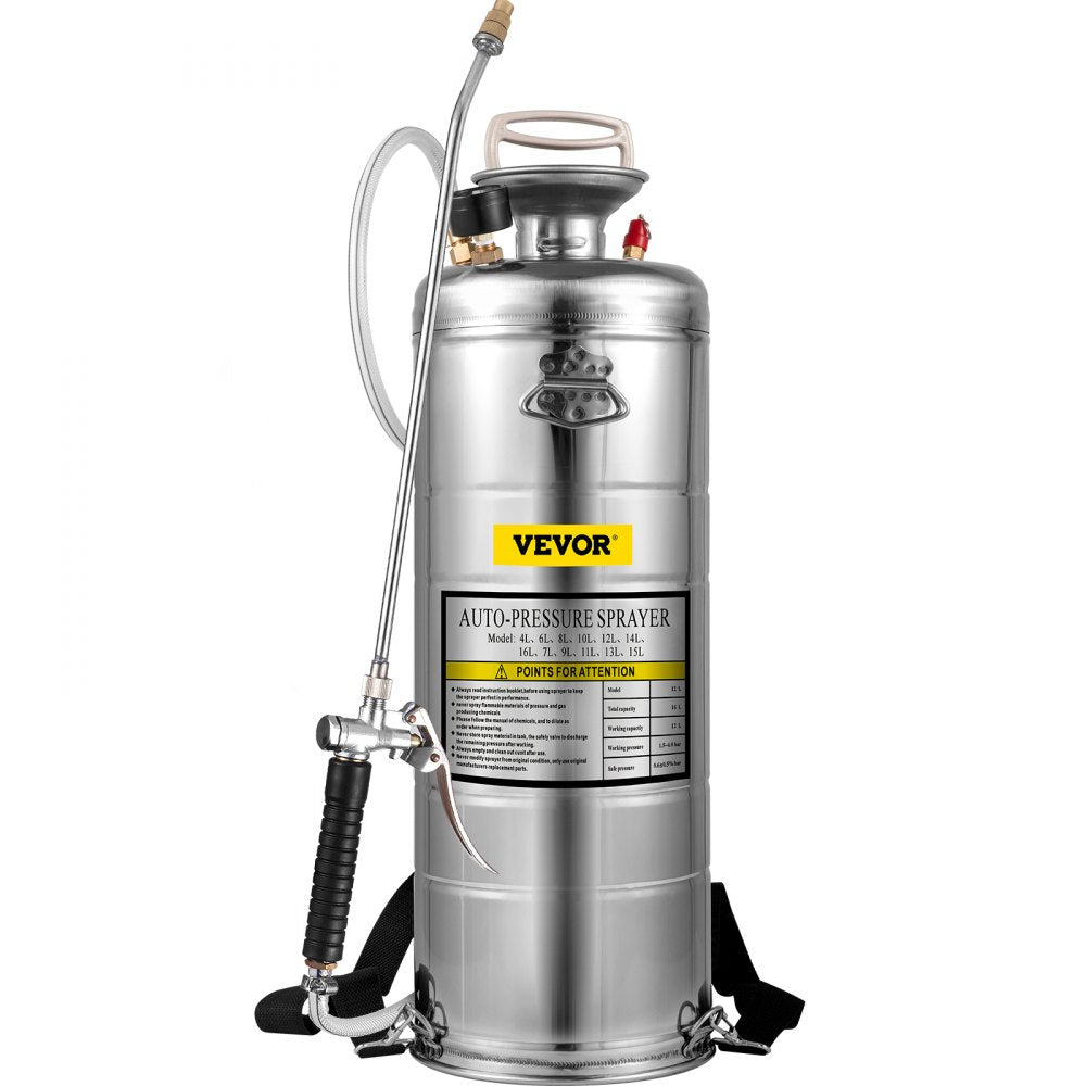 VEVOR 3.5Gal Stainless Steel Sprayer,l Set with 20\" Wand& Handle& 3FT Reinforced Hose, Hand Pump Sprayer with Pressure Gauge&Safety Valve, Adjustable Nozzle Suitable for Gardening& Sanitizing