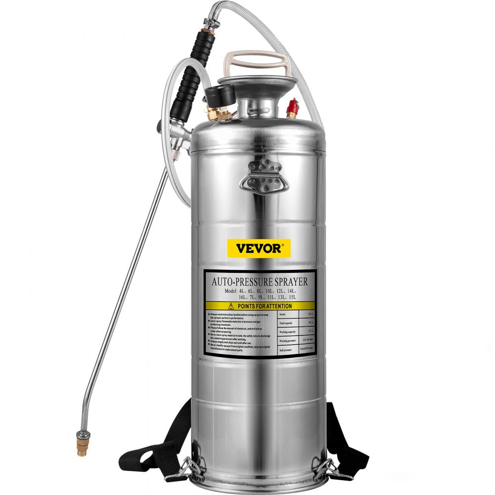 VEVOR 3.5Gal Stainless Steel Sprayer,l Set with 20\" Wand& Handle& 3FT Reinforced Hose, Hand Pump Sprayer with Pressure Gauge&Safety Valve, Adjustable Nozzle Suitable for Gardening& Sanitizing