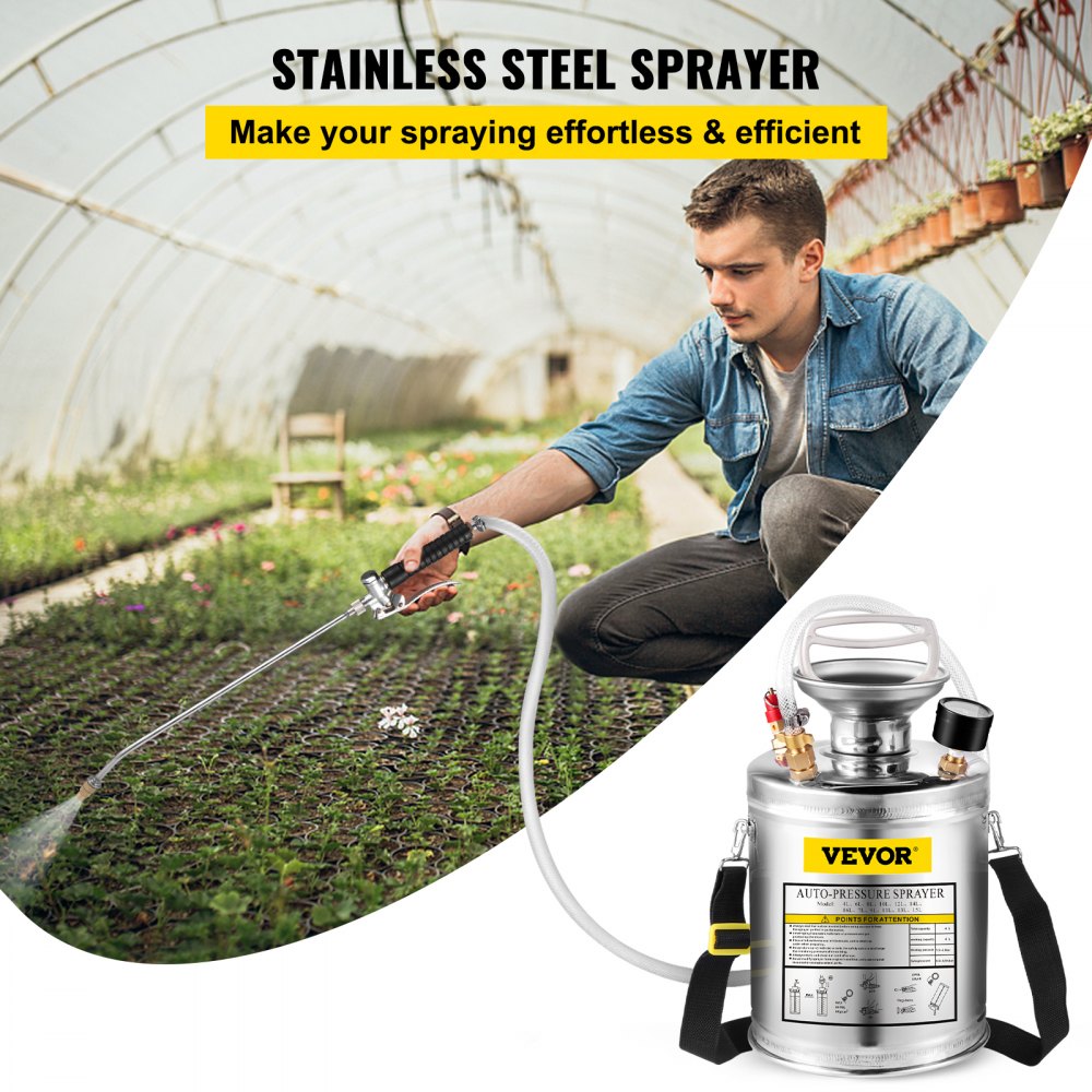 1 Gallon Stainless Steel Sprayer, 12" Wand & 3FT Reinforced Hose, Hand Pump Sprayer with Pressure Gauge, Safety Valve & Adjustable Nozzle, Garden Weed Sprayer for Lawn, Gardening, Sanitizing