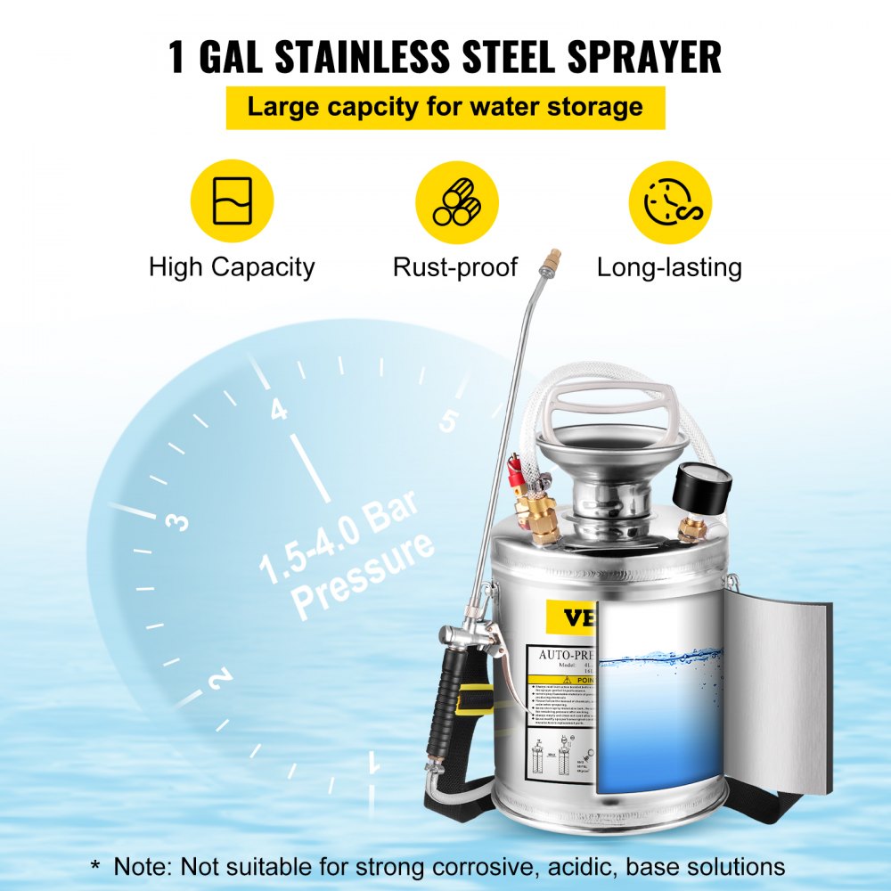1 Gallon Stainless Steel Sprayer, 12" Wand & 3FT Reinforced Hose, Hand Pump Sprayer with Pressure Gauge, Safety Valve & Adjustable Nozzle, Garden Weed Sprayer for Lawn, Gardening, Sanitizing