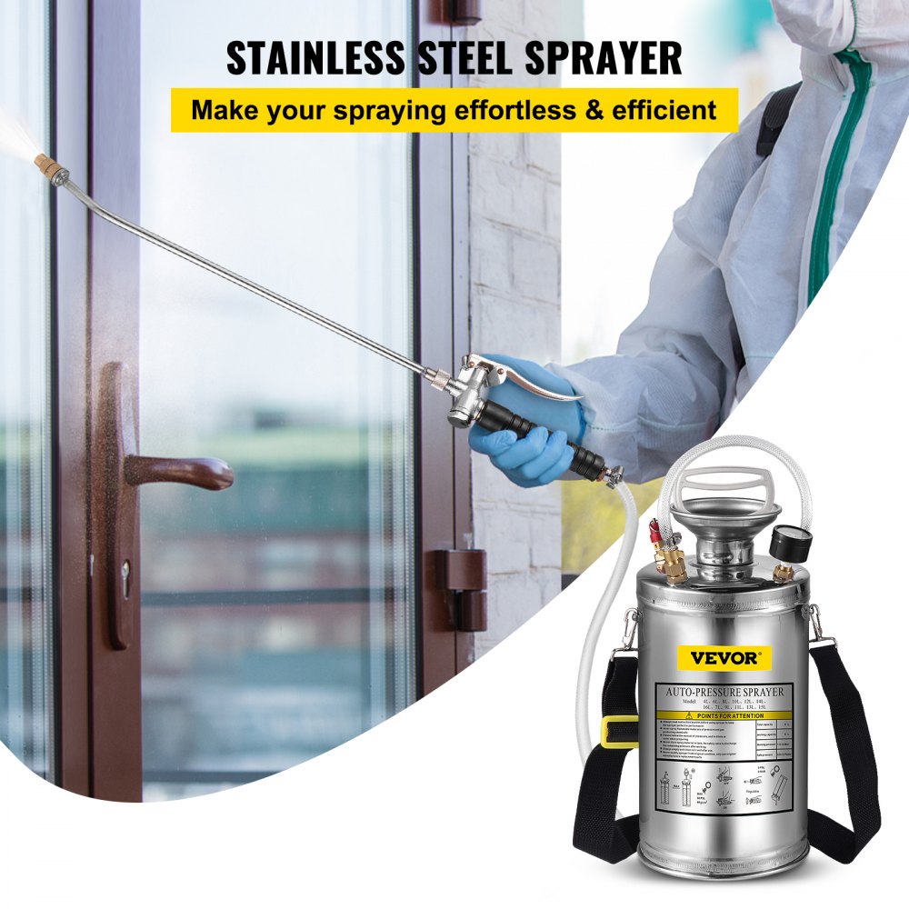 VEVOR 1.5Gal Stainless Steel Sprayer, Set with 16\" Wand& Handle& 3.3FT Reinforced Hose, Hand Pump Sprayer with Pressure Gauge&Safety Valve, Adjustable Nozzle Suitable for Gardening& Sanitizing