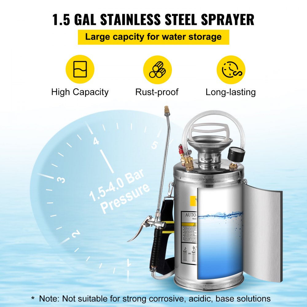 VEVOR 1.5Gal Stainless Steel Sprayer, Set with 16\" Wand& Handle& 3.3FT Reinforced Hose, Hand Pump Sprayer with Pressure Gauge&Safety Valve, Adjustable Nozzle Suitable for Gardening& Sanitizing