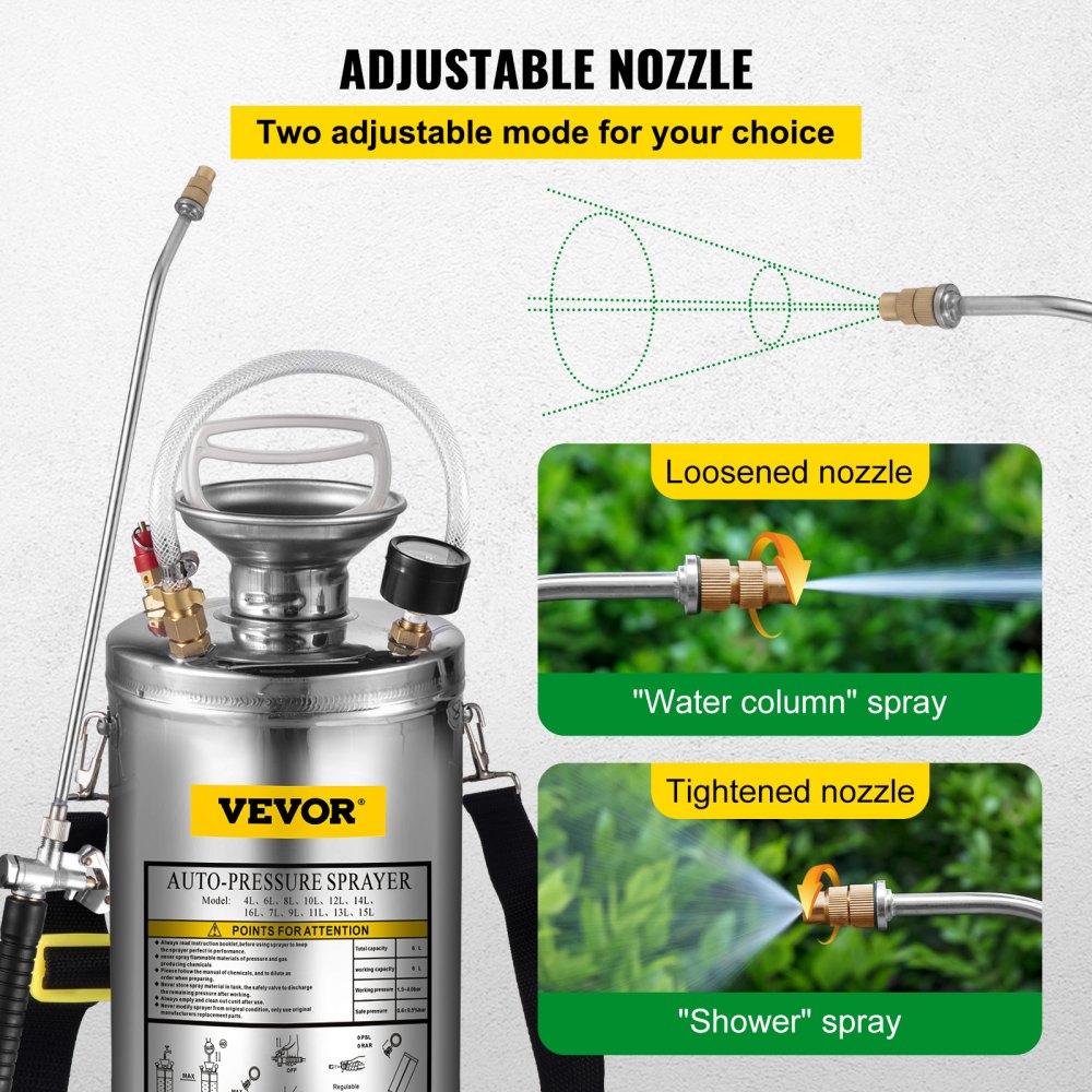 VEVOR 1.5Gal Stainless Steel Sprayer, Set with 16\" Wand& Handle& 3.3FT Reinforced Hose, Hand Pump Sprayer with Pressure Gauge&Safety Valve, Adjustable Nozzle Suitable for Gardening& Sanitizing