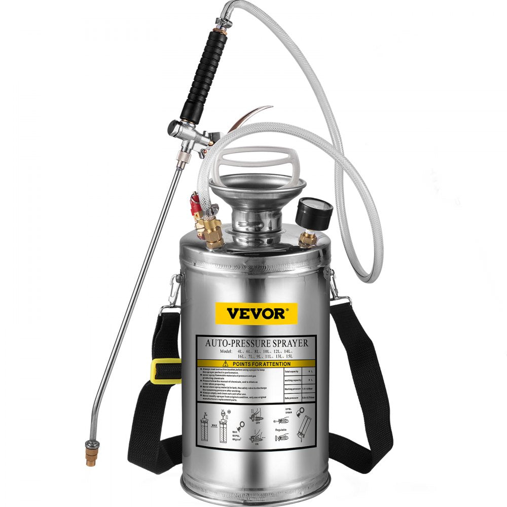 VEVOR 1.5Gal Stainless Steel Sprayer, Set with 16\" Wand& Handle& 3.3FT Reinforced Hose, Hand Pump Sprayer with Pressure Gauge&Safety Valve, Adjustable Nozzle Suitable for Gardening& Sanitizing