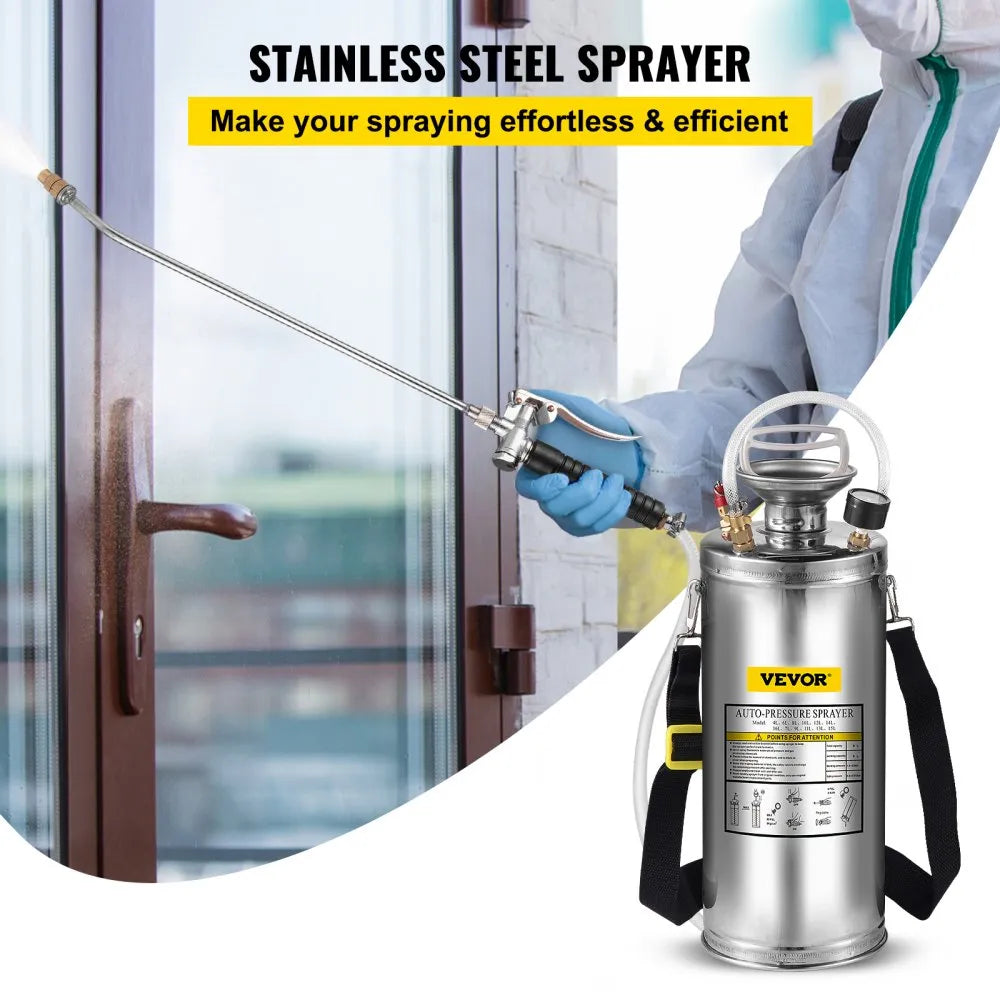 VEVOR 2Gal Stainless Steel Sprayer, Set with 20\" Wand& Handle& 3FT Reinforced Hose, Hand Pump Sprayer with Pressure Gauge&Safety Valve, Adjustable Nozzle Suitable for Gardening and Sanitizing