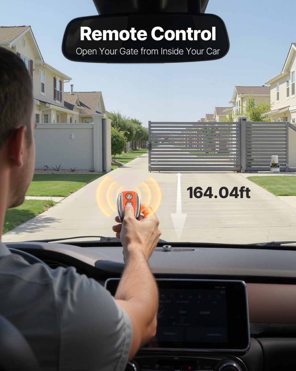 VEVOR sliding gate opener remote control operation (up to 164.04 ft range shown)