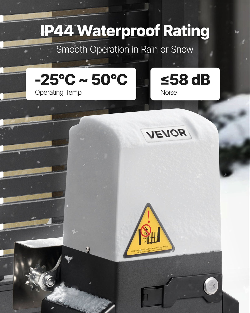 IP44 waterproof rating and operating temperature range shown on gate opener