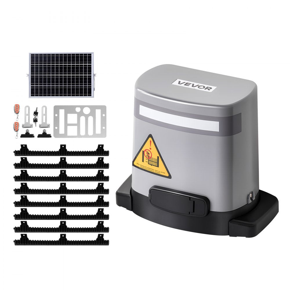 VEVOR Solar Sliding Gate Opener, 280W Electric Gate Opener for Doors up to 65.6ft 1799lbs, Gear Track Rolling Fence Door Motor with Infrared Sensor & 2 Remote Controls, Driveway Gates Opening System