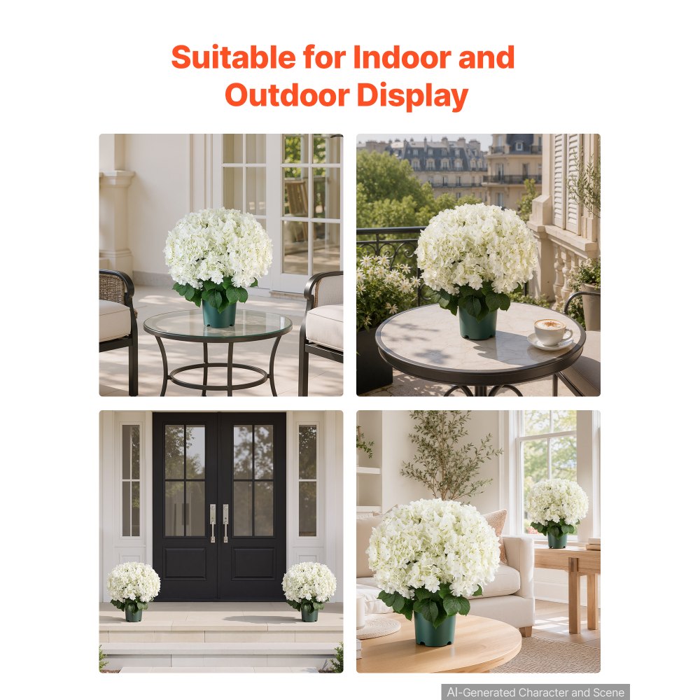 VEVOR Artificial Potted Hydrangeas 20 in 2-Pack Fake Flower Plants White, for Porch, Patio, Entryway, & Home Decor, Indoor & Outdoor Use, Silk and PE Blooms in Pots, Ready to Display Faux Plants