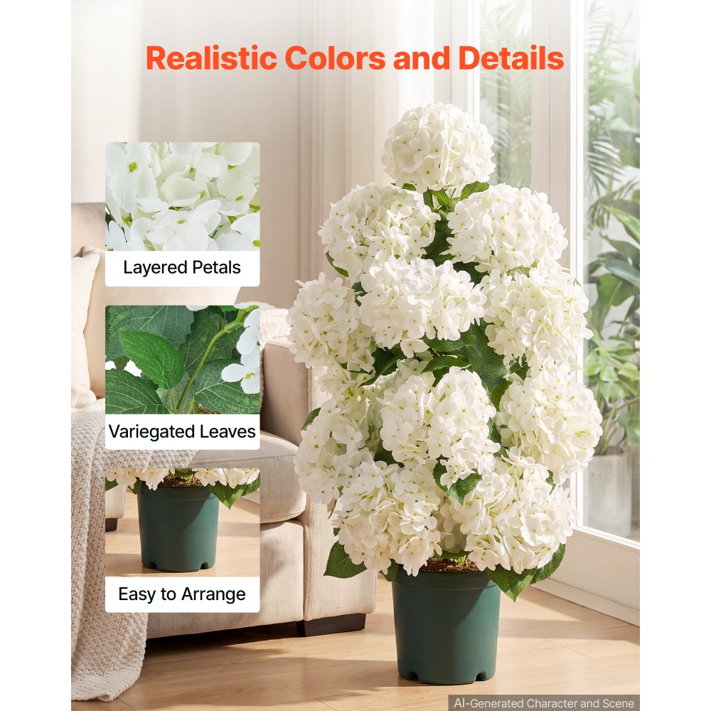 VEVOR Artificial Potted Hydrangeas 30 in 2-Pack Fake Flower Plants White, for Porch, Patio, Entryway, & Home Decor, Indoor & Outdoor Use, Silk and PE Blooms in Pots, Ready to Display Faux Plants