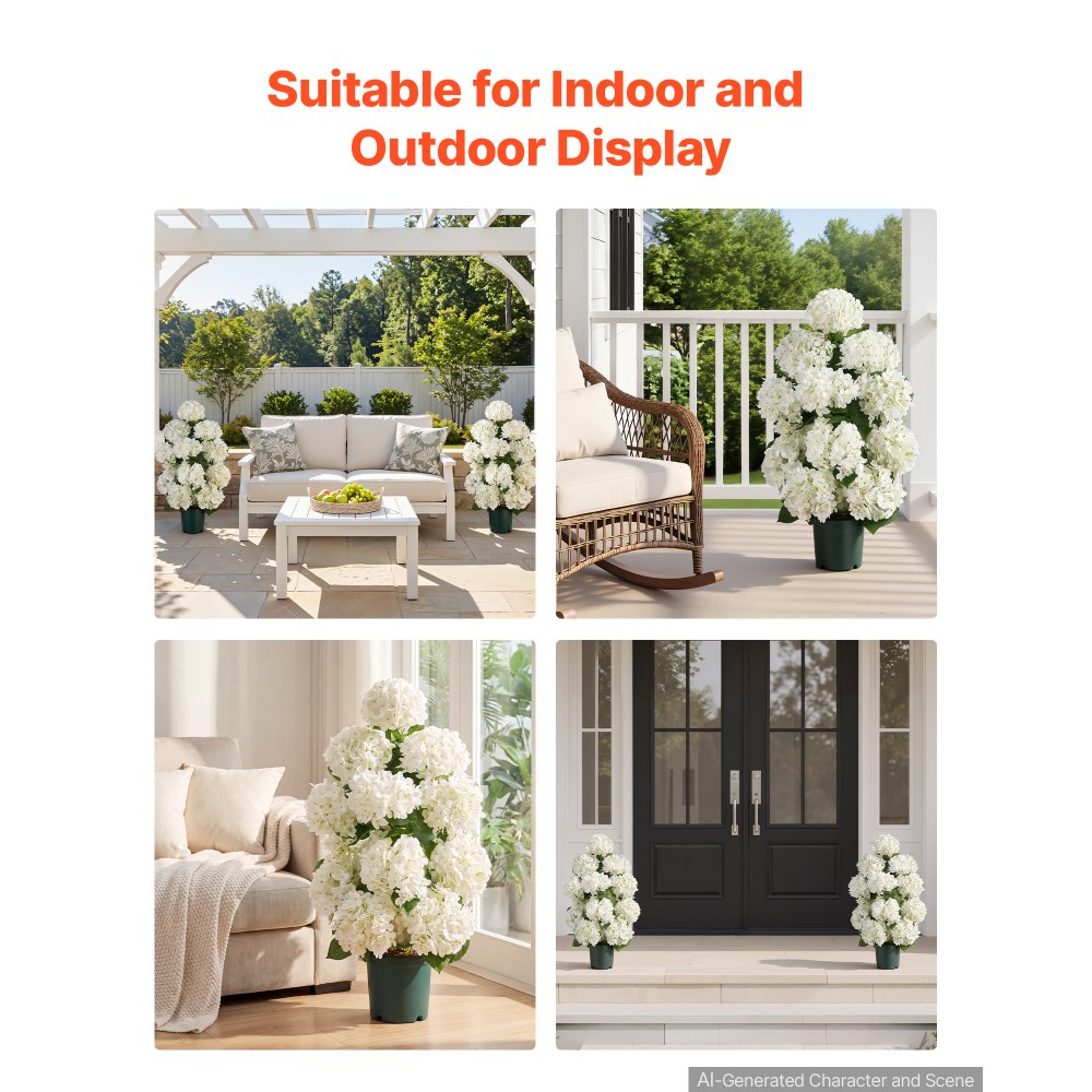 VEVOR Artificial Potted Hydrangeas 30 in 2-Pack Fake Flower Plants White, for Porch, Patio, Entryway, & Home Decor, Indoor & Outdoor Use, Silk and PE Blooms in Pots, Ready to Display Faux Plants