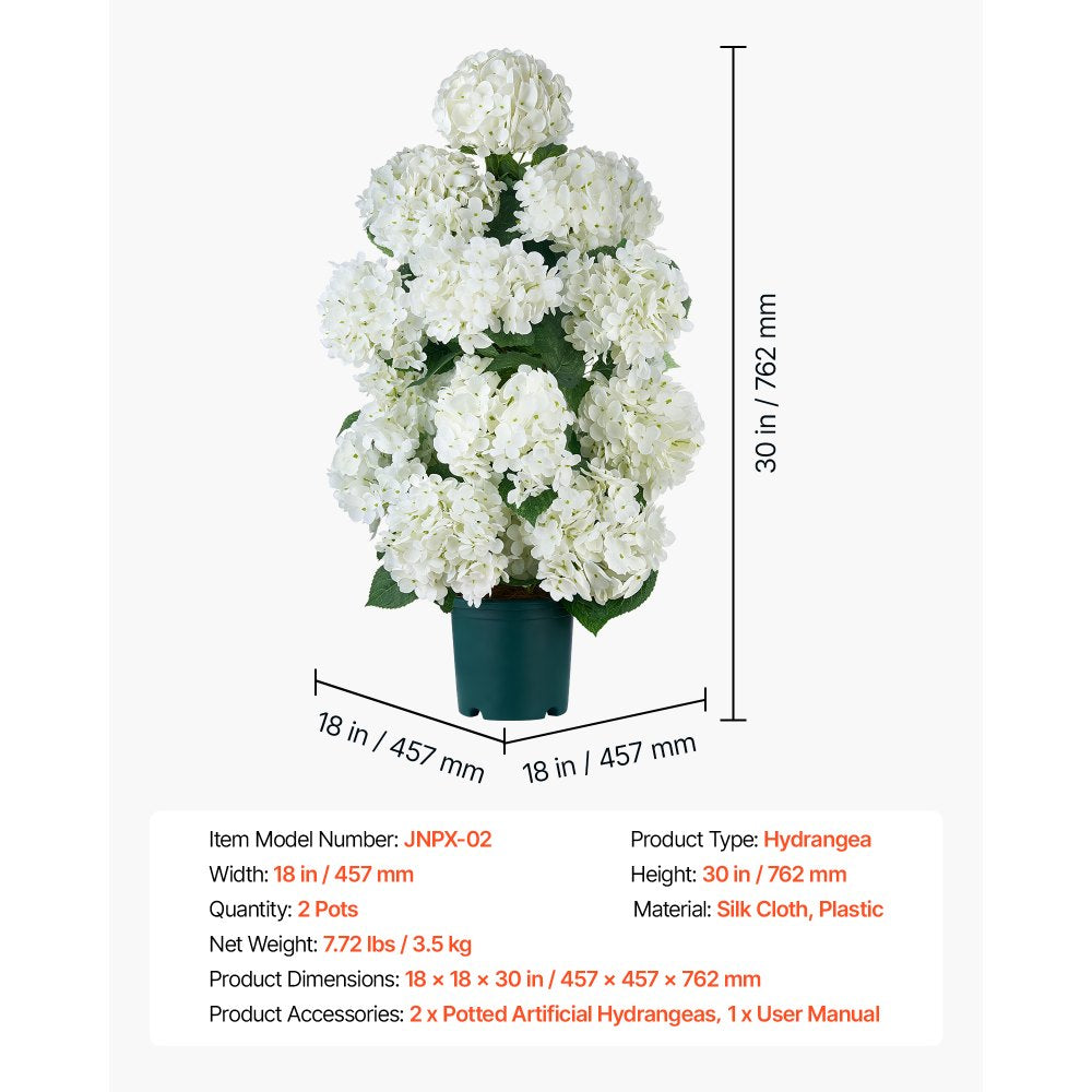 VEVOR Artificial Potted Hydrangeas 30 in 2-Pack Fake Flower Plants White, for Porch, Patio, Entryway, & Home Decor, Indoor & Outdoor Use, Silk and PE Blooms in Pots, Ready to Display Faux Plants