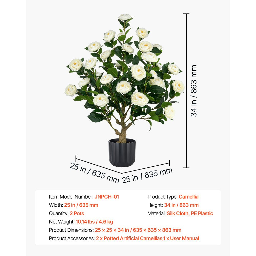 VEVOR Artificial Potted Camellias 34 in 2-Pack Fake Flower Plants White, for Porch, Patio, Entryway, & Home Decor, Indoor & Outdoor Use, Silk and PE Blooms in Pots, Ready to Display Faux Plants